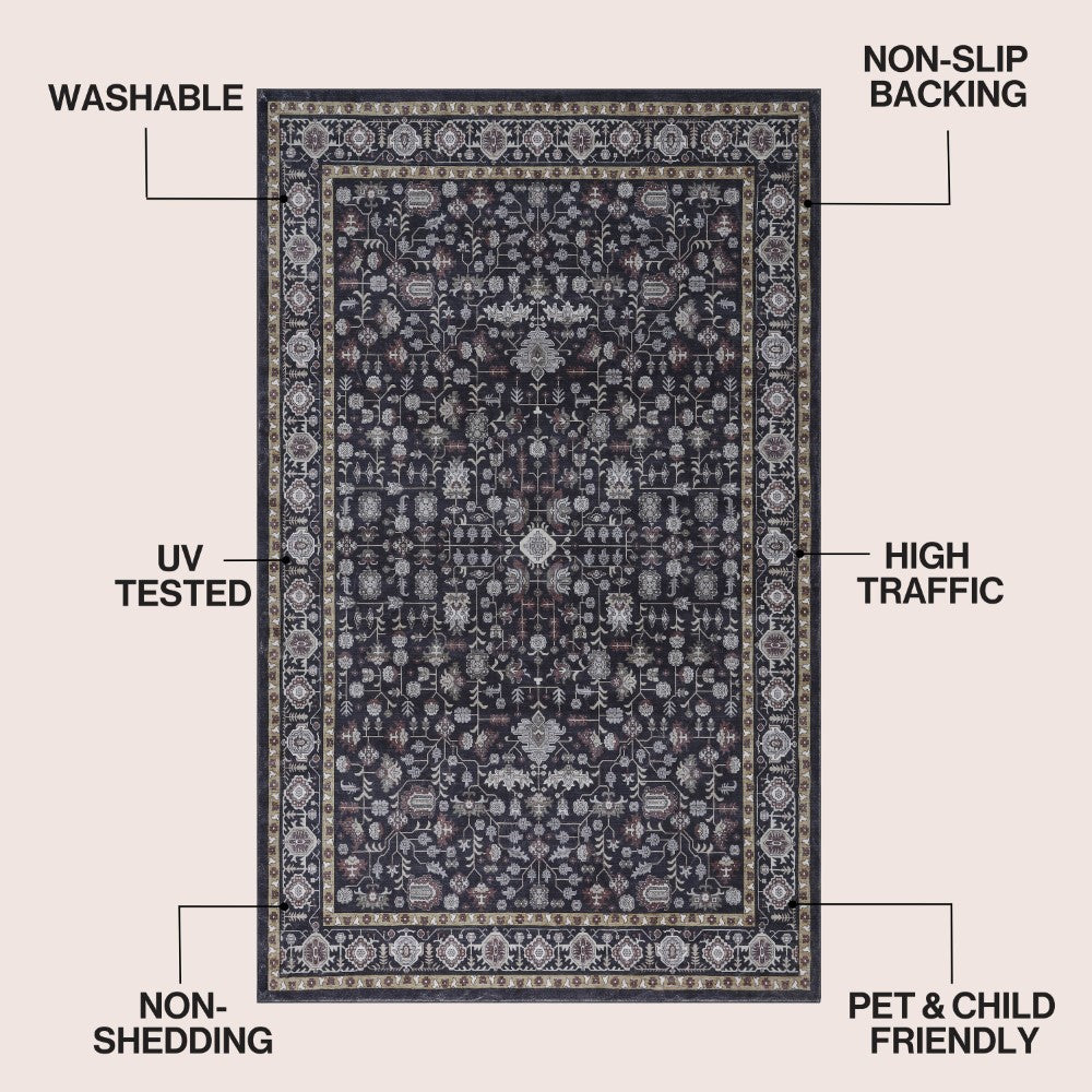 Solmere Medallion All-over Floral Border Non-slip Machine-washable Area Rug