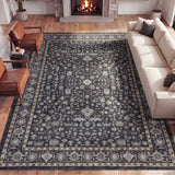 Solmere Medallion All-over Floral Border Non-slip Machine-washable Area Rug