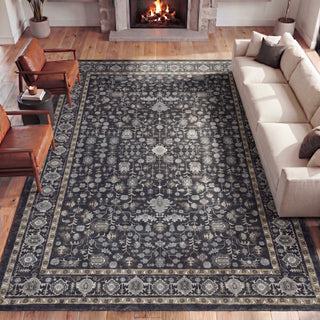 Solmere Medallion All-over Floral Border Non-slip Machine-washable Area Rug