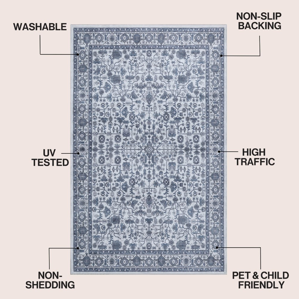 Solmere Medallion All-over Floral Border Non-slip Machine-washable Area Rug