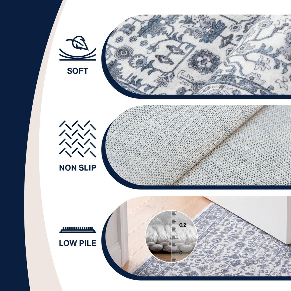 Solmere Medallion All-over Floral Border Non-slip Machine-washable Area Rug