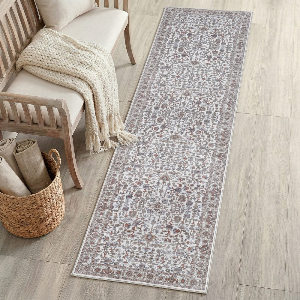 Solmere Medallion All-over Floral Border Non-slip Machine-washable Area Rug