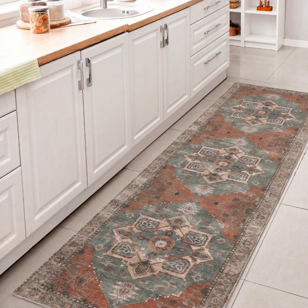 Elowen Ornate Large Medallion Border Non-slip Machine-washable Area Rug