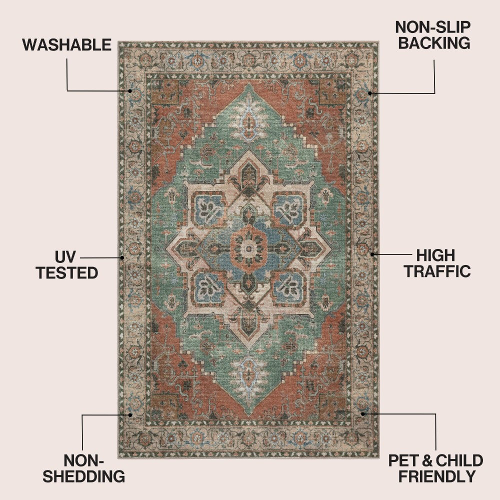 Elowen Ornate Large Medallion Border Non-slip Machine-washable Area Rug