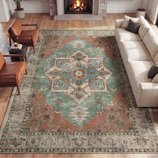 Elowen Ornate Large Medallion Border Non-slip Machine-washable Area Rug