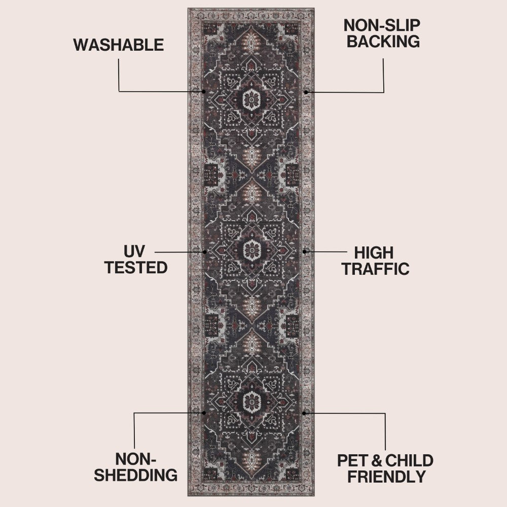 Elowen Ornate Large Medallion Border Non-slip Machine-washable Area Rug