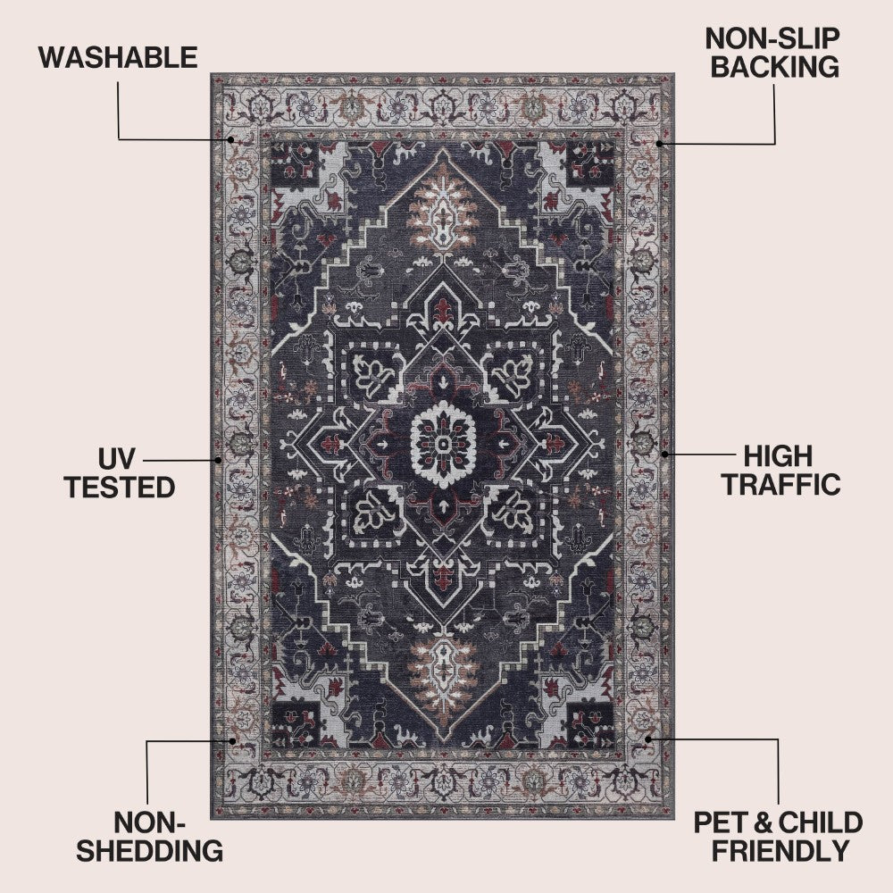 Elowen Ornate Large Medallion Border Non-slip Machine-washable Area Rug