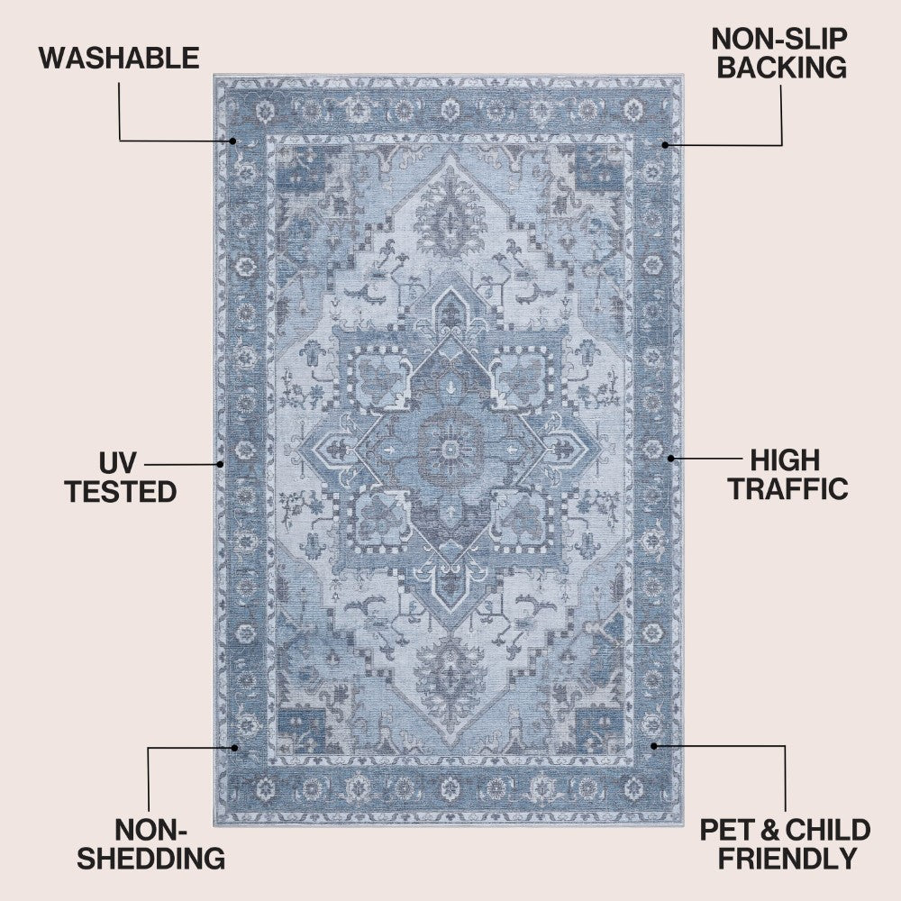 Elowen Ornate Large Medallion Border Non-slip Machine-washable Area Rug