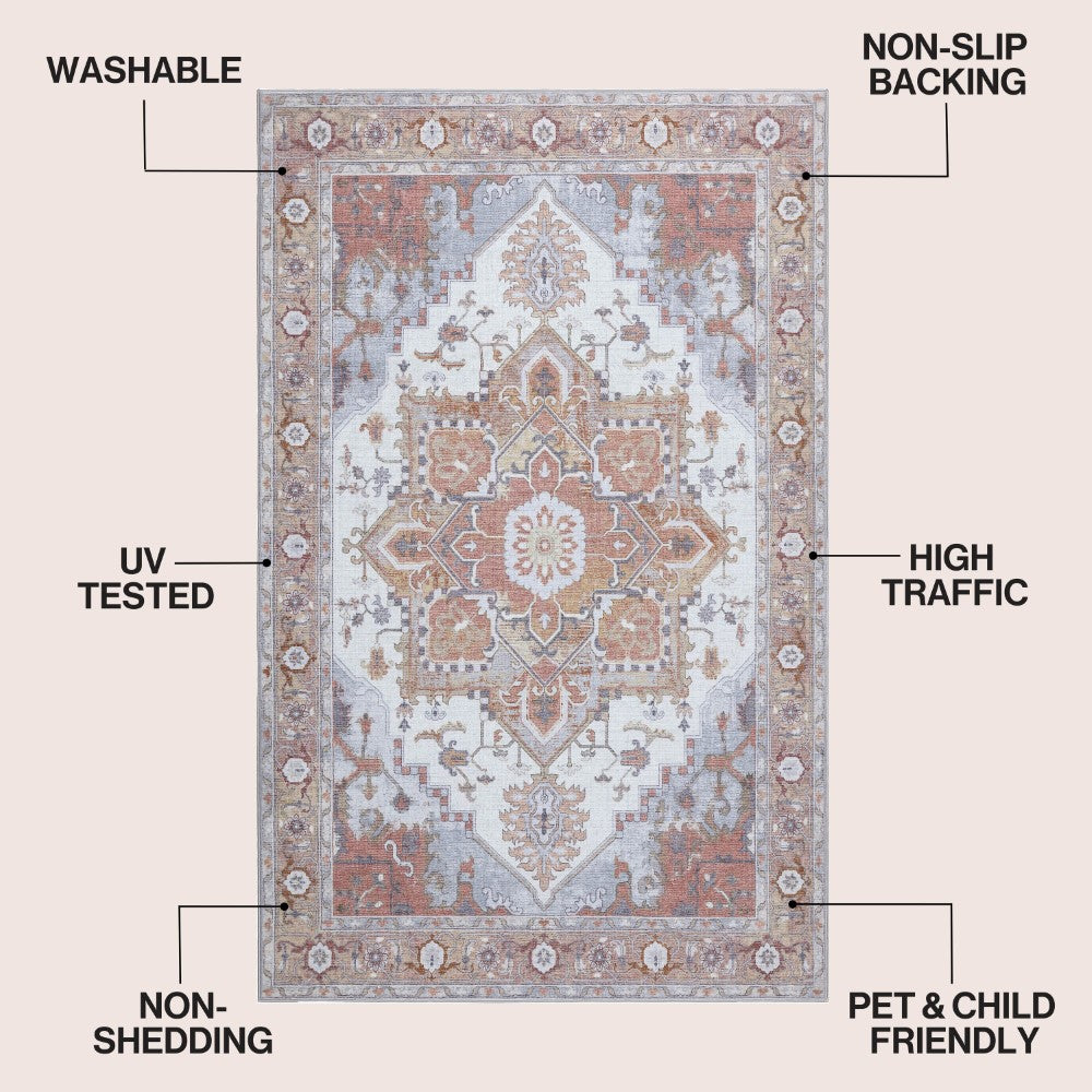 Elowen Ornate Large Medallion Border Non-slip Machine-washable Area Rug