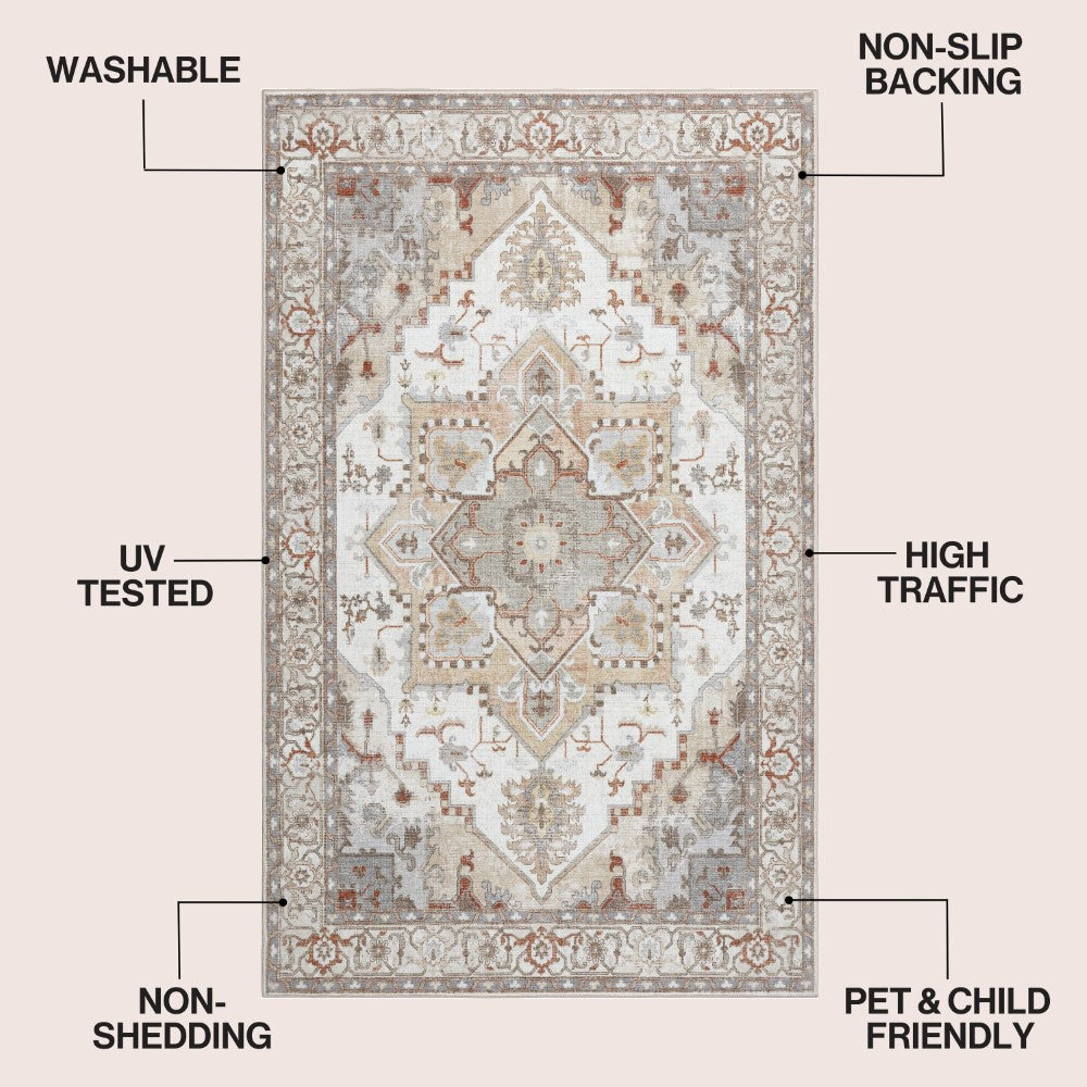 Elowen Ornate Large Medallion Border Non-slip Machine-washable Area Rug