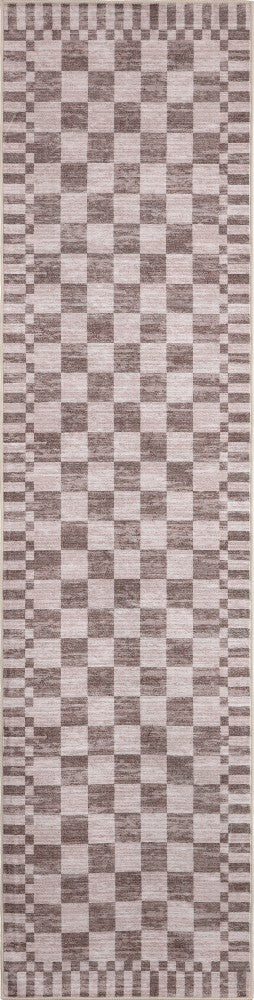 Terra Distressed Checkerboard Stripe Border Non-slip Machine-washable Area Rug