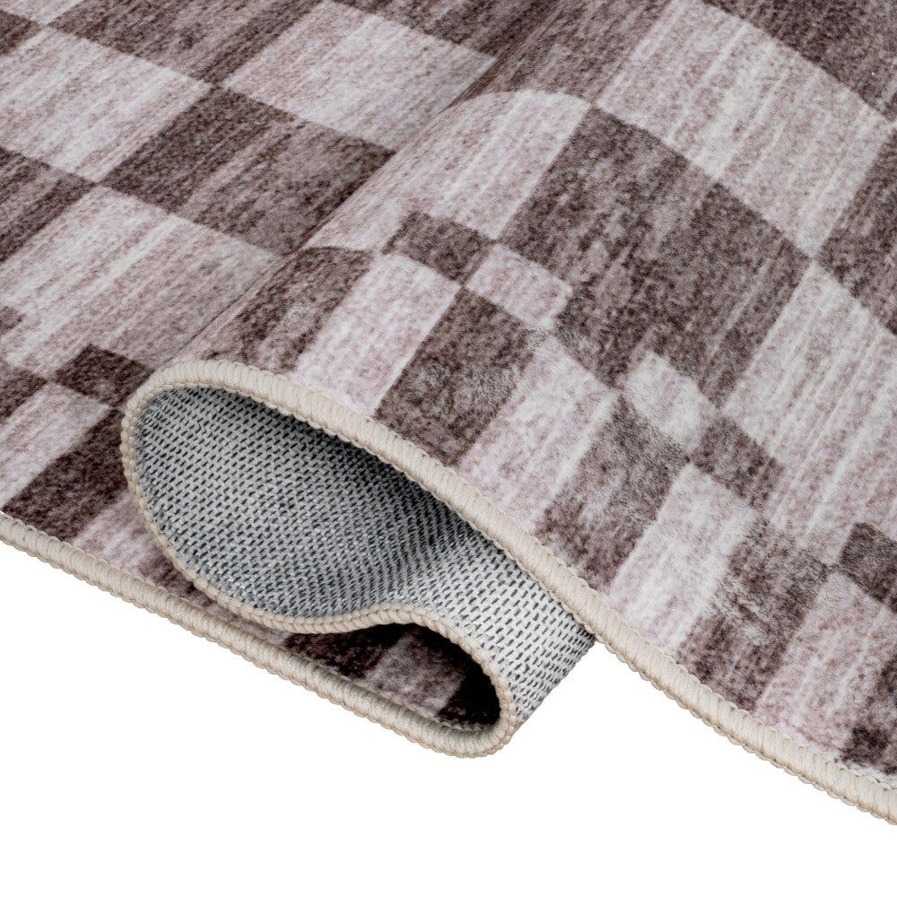 Terra Distressed Checkerboard Stripe Border Non-slip Machine-washable Area Rug