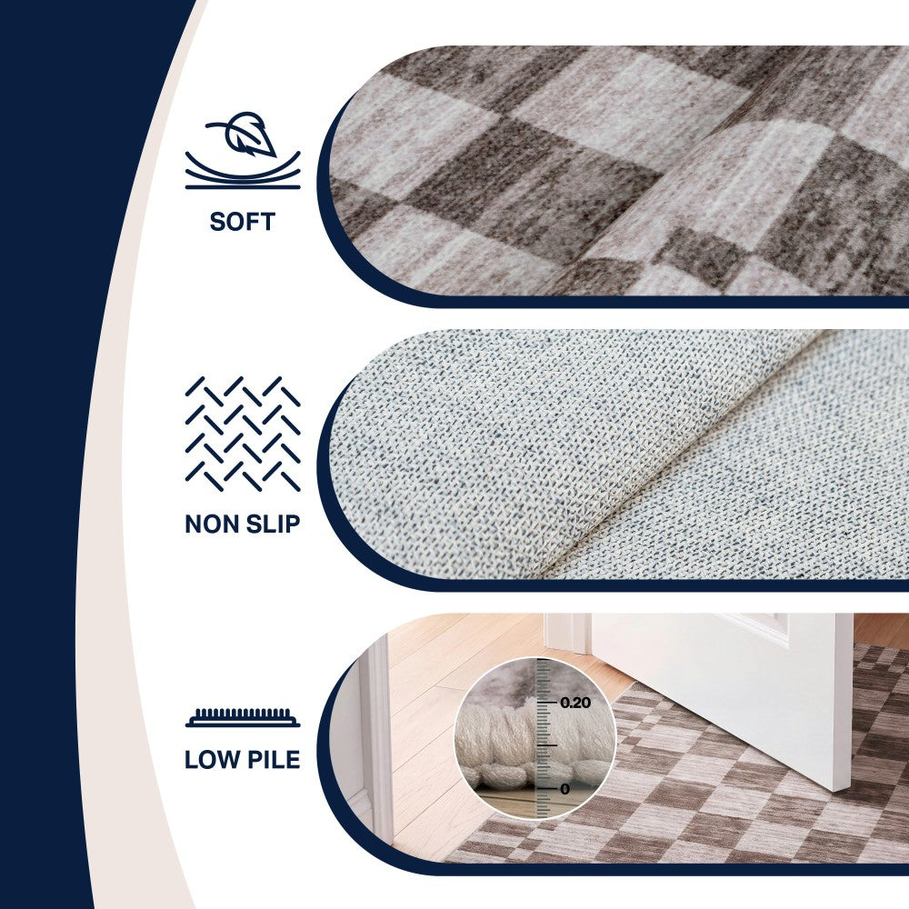 Terra Distressed Checkerboard Stripe Border Non-slip Machine-washable Area Rug