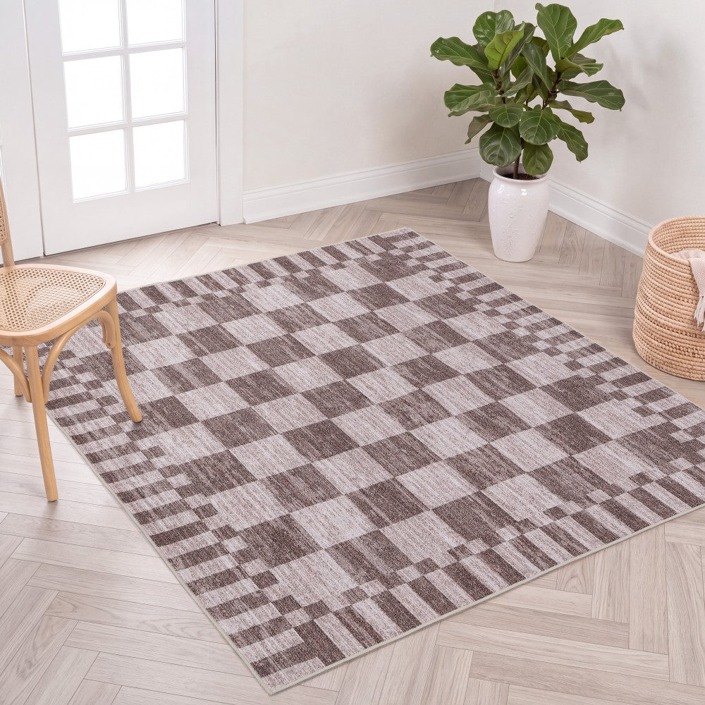 Terra Distressed Checkerboard Stripe Border Non-slip Machine-washable Area Rug
