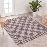 Terra Distressed Checkerboard Stripe Border Non-slip Machine-washable Area Rug