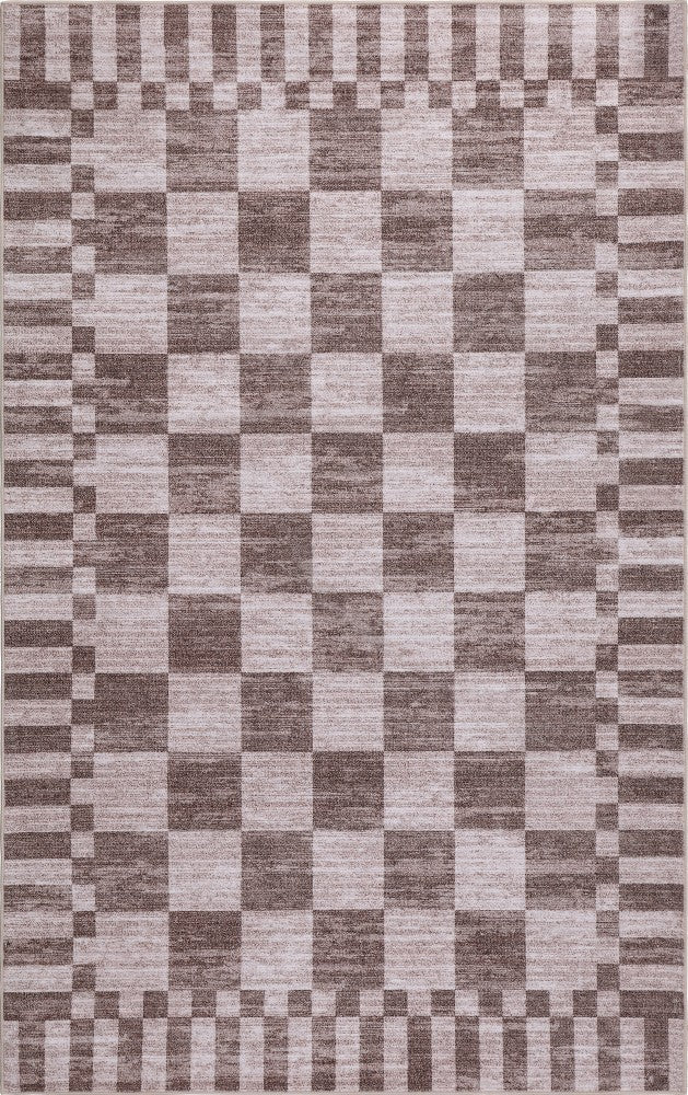 Terra Distressed Checkerboard Stripe Border Non-slip Machine-washable Area Rug